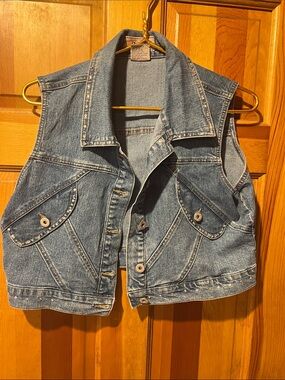 Defuze  Light Blue Denim Vest with Button Flap Pockets rhinestone edging